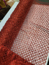 Load image into Gallery viewer, Fabric Sold By The Yard Burgundy Beaded Lace Glitter Sparkle Pearls On Mesh Prom
