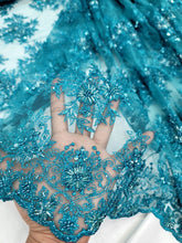 Load image into Gallery viewer, Teal Beaded Sequins Embroidery Bridal Lace Fabric 50” Width Sold By The Yard
