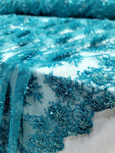 Load image into Gallery viewer, Teal Beaded Sequins Embroidery Bridal Lace Fabric 50” Width Sold By The Yard
