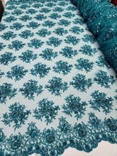 Load image into Gallery viewer, Teal Beaded Sequins Embroidery Bridal Lace Fabric 50” Width Sold By The Yard
