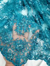 Load image into Gallery viewer, Teal Beaded Sequins Embroidery Bridal Lace Fabric 50” Width Sold By The Yard
