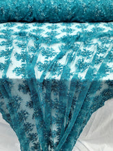 Load image into Gallery viewer, Teal Beaded Sequins Embroidery Bridal Lace Fabric 50” Width Sold By The Yard
