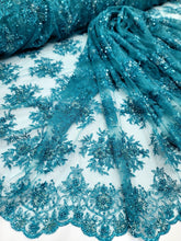 Load image into Gallery viewer, Teal Beaded Sequins Embroidery Bridal Lace Fabric 50” Width Sold By The Yard
