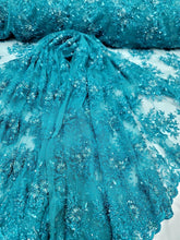 Load image into Gallery viewer, Teal Beaded Sequins Embroidery Bridal Lace Fabric 50” Width Sold By The Yard
