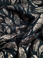 Load image into Gallery viewer, Black Brocade Fabric Sold By The Yard Gold Metallic Textured Feathers Fabric
