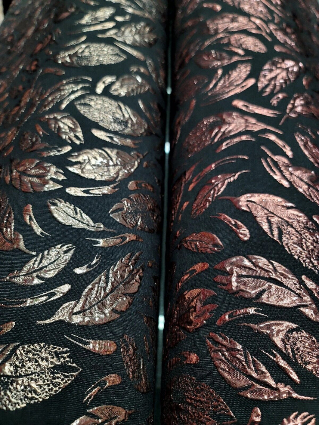 Black Brocade Fabric Sold By The Yard Gold Metallic Textured Feathers Fabric