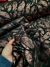 Load image into Gallery viewer, ROSE GOLD Feathers Metallic Black Brocade Fabric Sold By The Yard For Dress Upho
