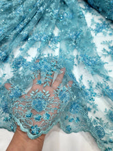 Load image into Gallery viewer, TURQUOISE Beaded Embroidery Bridal Lace Fabric Sold By The Yard Floral Flowers
