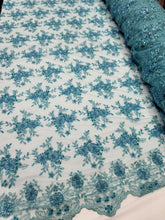 Load image into Gallery viewer, TURQUOISE Beaded Embroidery Bridal Lace Fabric Sold By The Yard Floral Flowers
