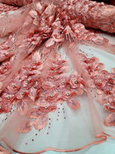 Load image into Gallery viewer, Royalty Bridal Luxury Wedding Coral 3d Floral Lace Fabric Sold By The Yard Beads
