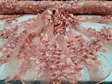 Load image into Gallery viewer, Royalty Bridal Luxury Wedding Coral 3d Floral Lace Fabric Sold By The Yard Beads
