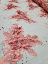 Load image into Gallery viewer, Royalty Bridal Luxury Wedding Coral 3d Floral Lace Fabric Sold By The Yard Beads
