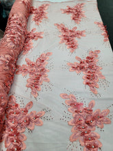 Load image into Gallery viewer, Royalty Bridal Luxury Wedding Coral 3d Floral Lace Fabric Sold By The Yard Beads
