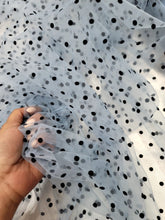 Load image into Gallery viewer, Black Velvet Polka-dot On SKY BLUE Tulle Mesh Fabric Sold By The Yard For Dress
