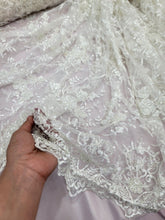 Load image into Gallery viewer, OFF WHITE Beaded Embroidery Bridal Lace Fabric By The Yard Wedding Fabric Scalloped
