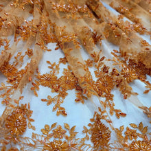 Load image into Gallery viewer, Orange Embroidery Beaded Lace Fabric Sold By The Yard Floral Flowers Scallops
