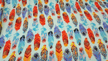 Load image into Gallery viewer, Rayon Challis Fabric By The Yard Feather Multicolor Blue Background Soft Flowy
