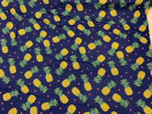 Load image into Gallery viewer, Woven Rayon Challis Fabric By The Yard Yellow Pineapple Royal blue background
