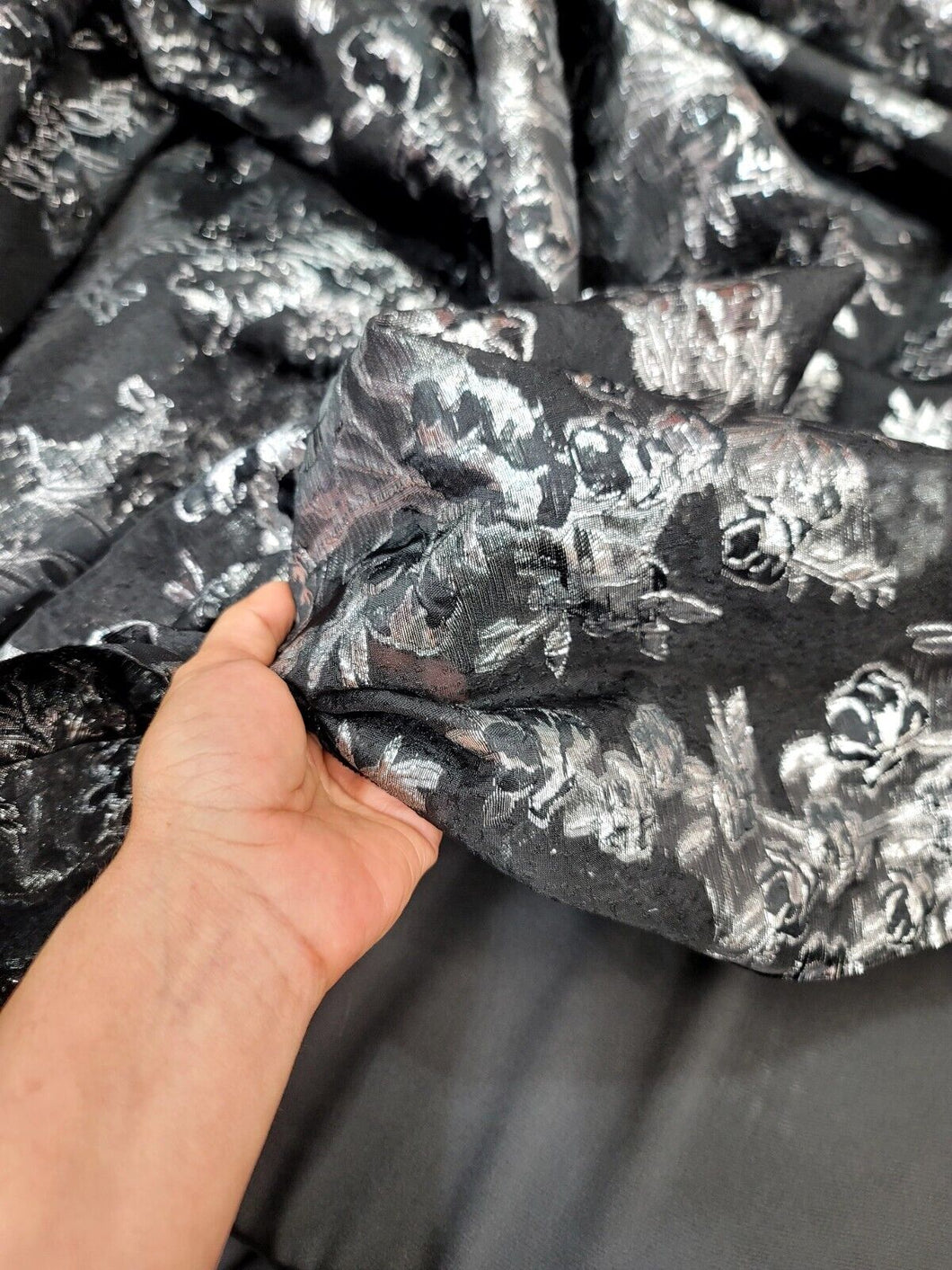 Brocade Black Organza Metallic Silver Floral Flower Prom Fabric Sold by The Yard