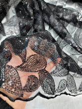 Load image into Gallery viewer, Black Lace Fabric Sold By The Yard Corded Embroidery With Sequins On a Mesh
