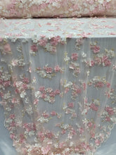 Load image into Gallery viewer, Fabric By The Yard Pink Lace Embroidery 3d Embroidery Floral Flowers On Mesh
