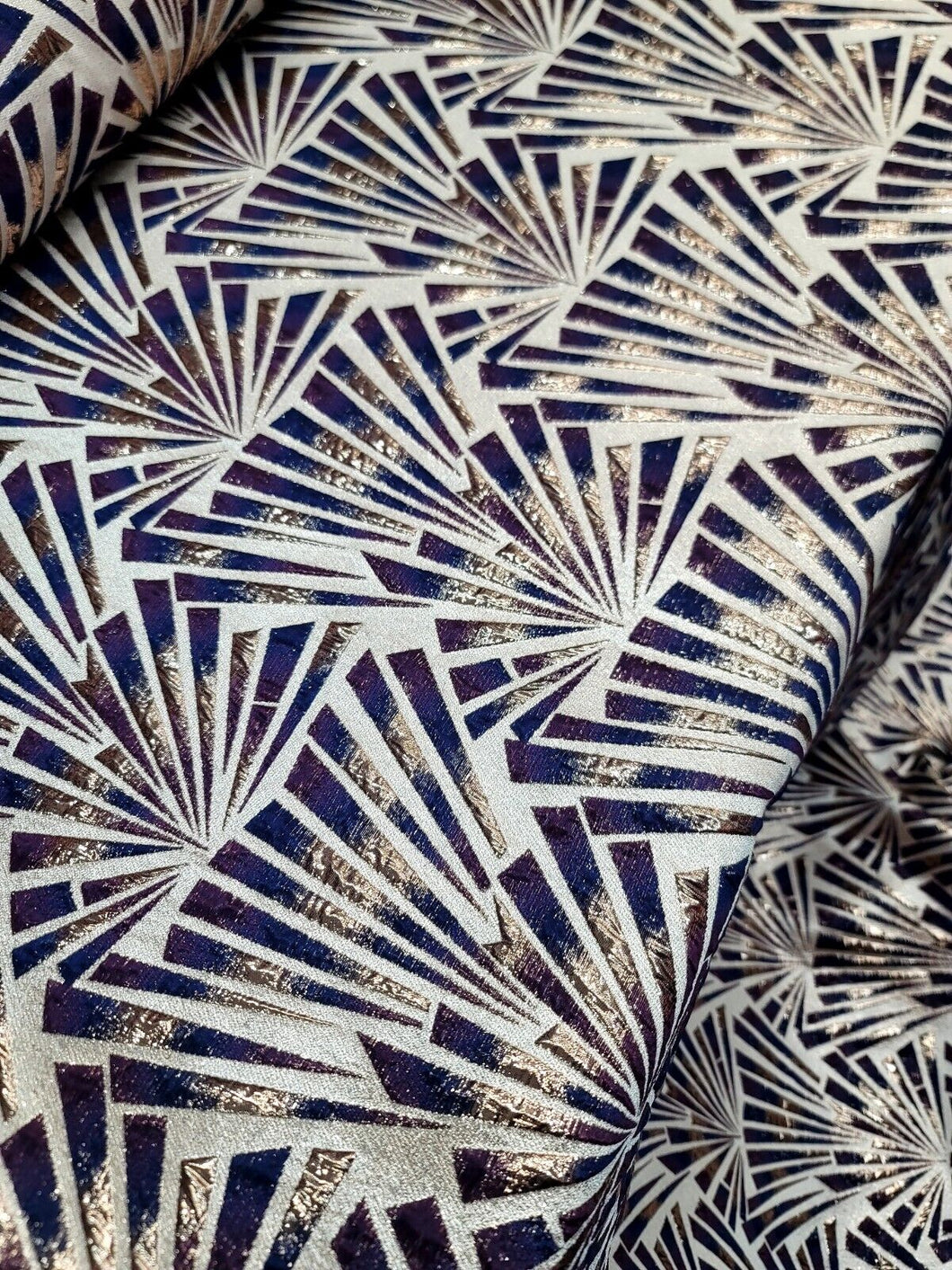 Metallic Brocade Fabric Sold By The Yard Purple BLUE Geometric On Beige Background