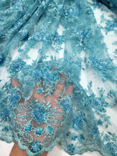 Load image into Gallery viewer, TURQUOISE Beaded Embroidery Bridal Lace Fabric Sold By The Yard Floral Flowers
