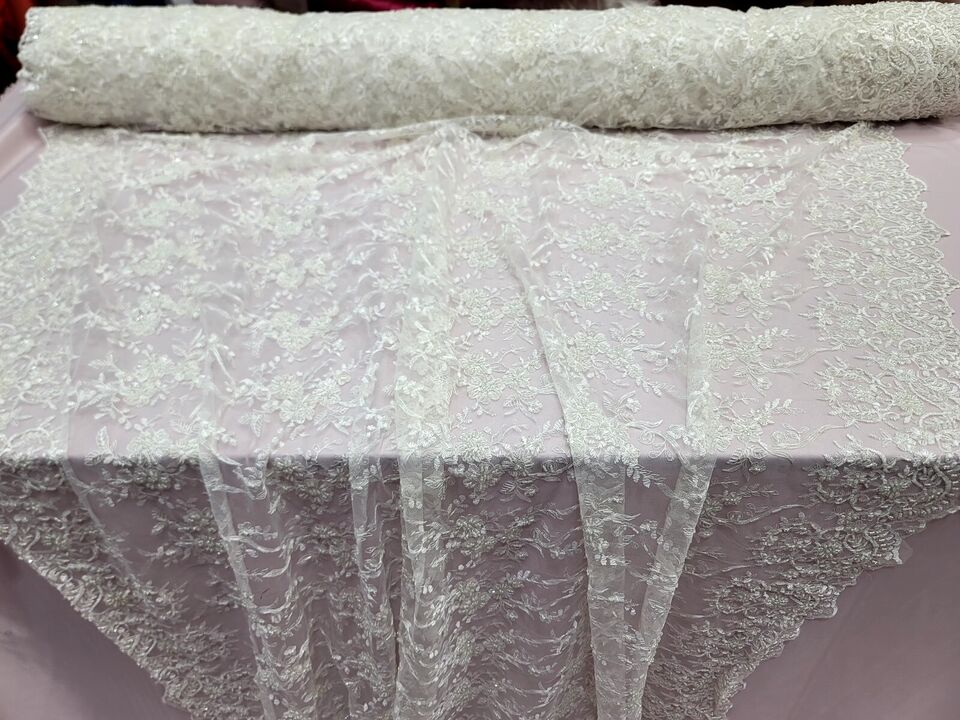 OFF WHITE Beaded Embroidery Bridal Lace Fabric By The Yard Wedding Fabric Scalloped