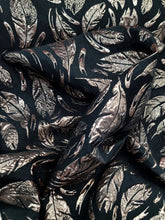 Load image into Gallery viewer, Black Brocade Fabric Sold By The Yard Gold Metallic Textured Feathers Fabric
