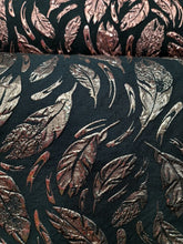 Load image into Gallery viewer, Black Brocade Fabric Sold By The Yard Gold Metallic Textured Feathers Fabric
