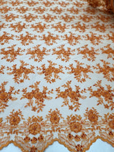 Load image into Gallery viewer, Orange Embroidery Beaded Lace Fabric Sold By The Yard Floral Flowers Scallops
