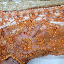 Load image into Gallery viewer, Orange Embroidery Beaded Lace Fabric Sold By The Yard Floral Flowers Scallops
