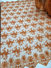 Load image into Gallery viewer, Orange Embroidery Beaded Lace Fabric Sold By The Yard Floral Flowers Scallops
