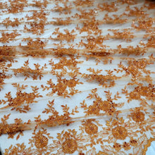 Load image into Gallery viewer, Orange Embroidery Beaded Lace Fabric Sold By The Yard Floral Flowers Scallops
