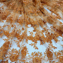 Load image into Gallery viewer, Orange Embroidery Beaded Lace Fabric Sold By The Yard Floral Flowers Scallops
