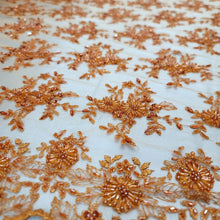 Load image into Gallery viewer, Orange Embroidery Beaded Lace Fabric Sold By The Yard Floral Flowers Scallops
