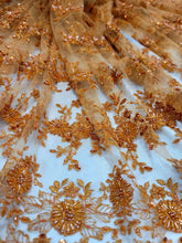 Load image into Gallery viewer, Orange Embroidery Beaded Lace Fabric Sold By The Yard Floral Flowers Scallops
