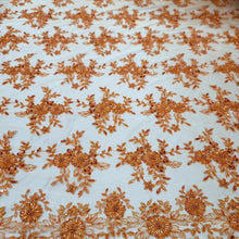 Load image into Gallery viewer, Orange Embroidery Beaded Lace Fabric Sold By The Yard Floral Flowers Scallops
