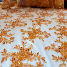 Load image into Gallery viewer, Orange Embroidery Beaded Lace Fabric Sold By The Yard Floral Flowers Scallops
