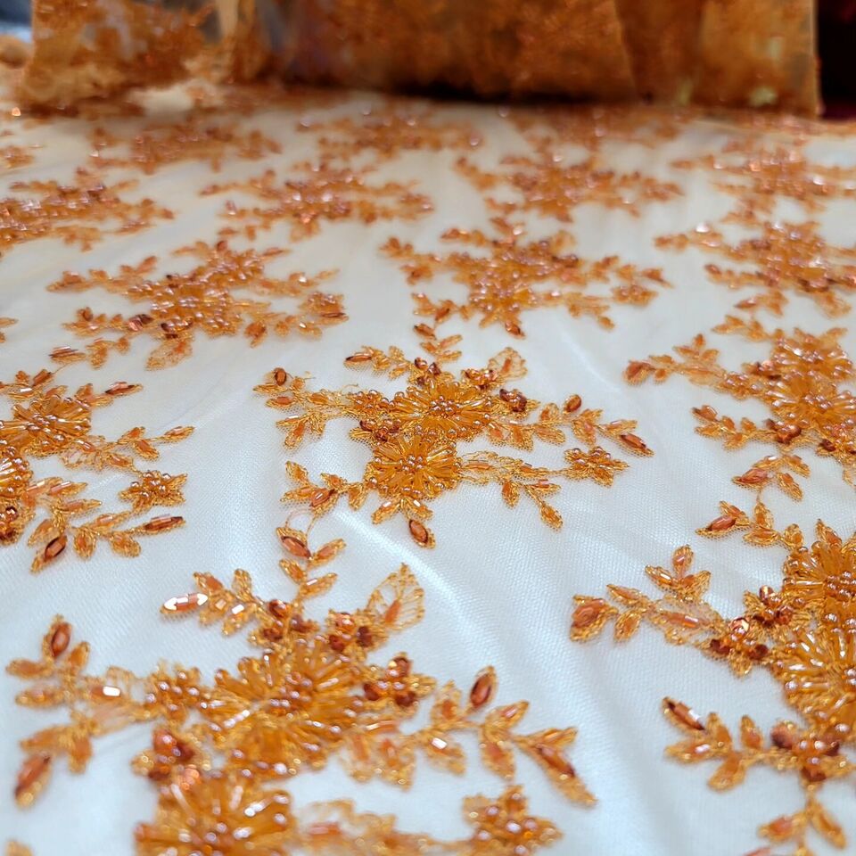 Orange Embroidery Beaded Lace Fabric Sold By The Yard Floral Flowers Scallops