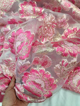 Load image into Gallery viewer, FUCHSIA PINK GOLD Floral Brocade Fabric Sold By The Yard CLear Organza Brocade
