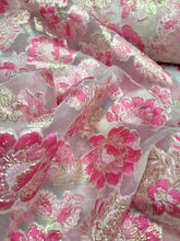 Load image into Gallery viewer, FUCHSIA PINK GOLD Floral Brocade Fabric Sold By The Yard CLear Organza Brocade
