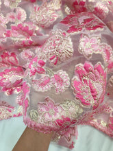 Load image into Gallery viewer, FUCHSIA PINK GOLD Floral Brocade Fabric Sold By The Yard CLear Organza Brocade
