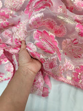 Load image into Gallery viewer, FUCHSIA PINK GOLD Floral Brocade Fabric Sold By The Yard CLear Organza Brocade
