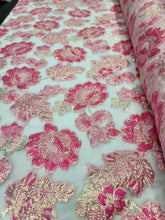 Load image into Gallery viewer, FUCHSIA PINK GOLD Floral Brocade Fabric Sold By The Yard CLear Organza Brocade
