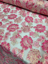 Load image into Gallery viewer, FUCHSIA PINK GOLD Floral Brocade Fabric Sold By The Yard CLear Organza Brocade
