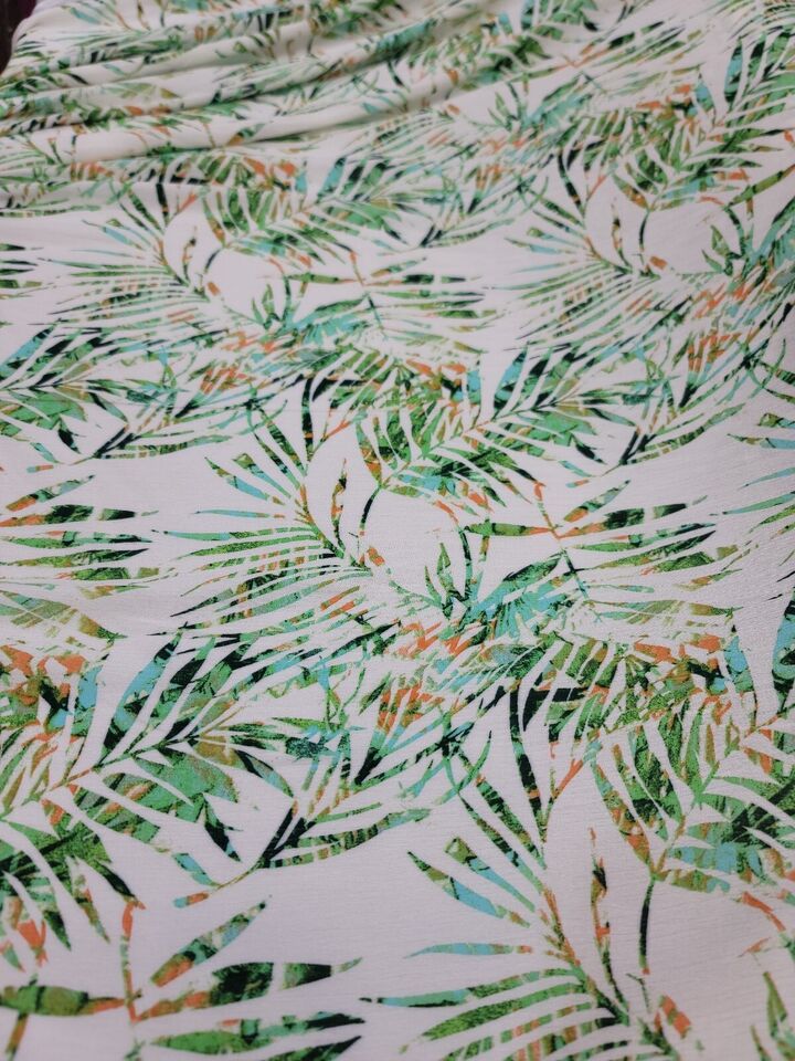 Fabric Sold By Yard Hawaiian Print Rayon Green Leaves Palm Ofd White Background