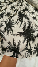 Load image into Gallery viewer, Rayon Challis Black Off White Hawaiian Palm Tree Fabric By The Yard Soft
