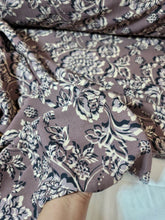 Load image into Gallery viewer, Rayon Challis Fabric By The Yard Dark Mauve Background Gray Floral Flowers Dress
