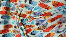 Load image into Gallery viewer, Rayon Challis Fabric By The Yard Feather Multicolor Blue Background Soft Flowy
